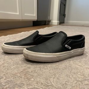 BLACK LEATHER VANS. SLIP ON VANS.